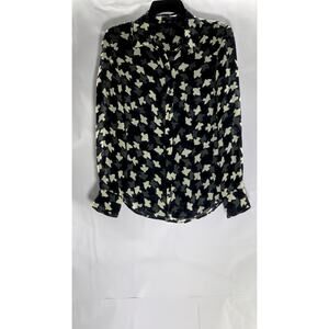 OAK73 Women's Blue/Black/White Bird Print Button-Up Long Sleeve Top SZ M